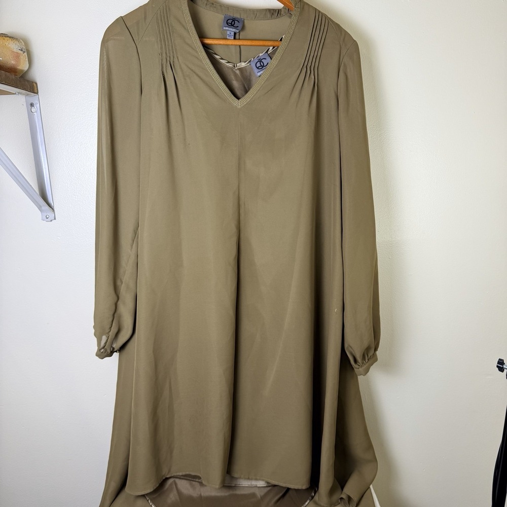 Women Vintage Silky Lined Tunic Dress Olive Size Medium Hi Low V Neck